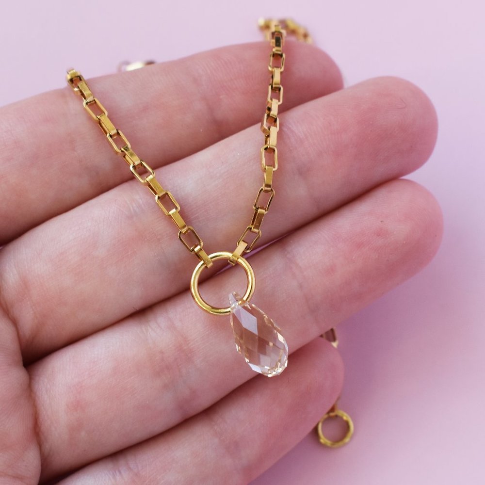 Swarovski crystal drop dangle pendant necklace, stack box chain link necklace